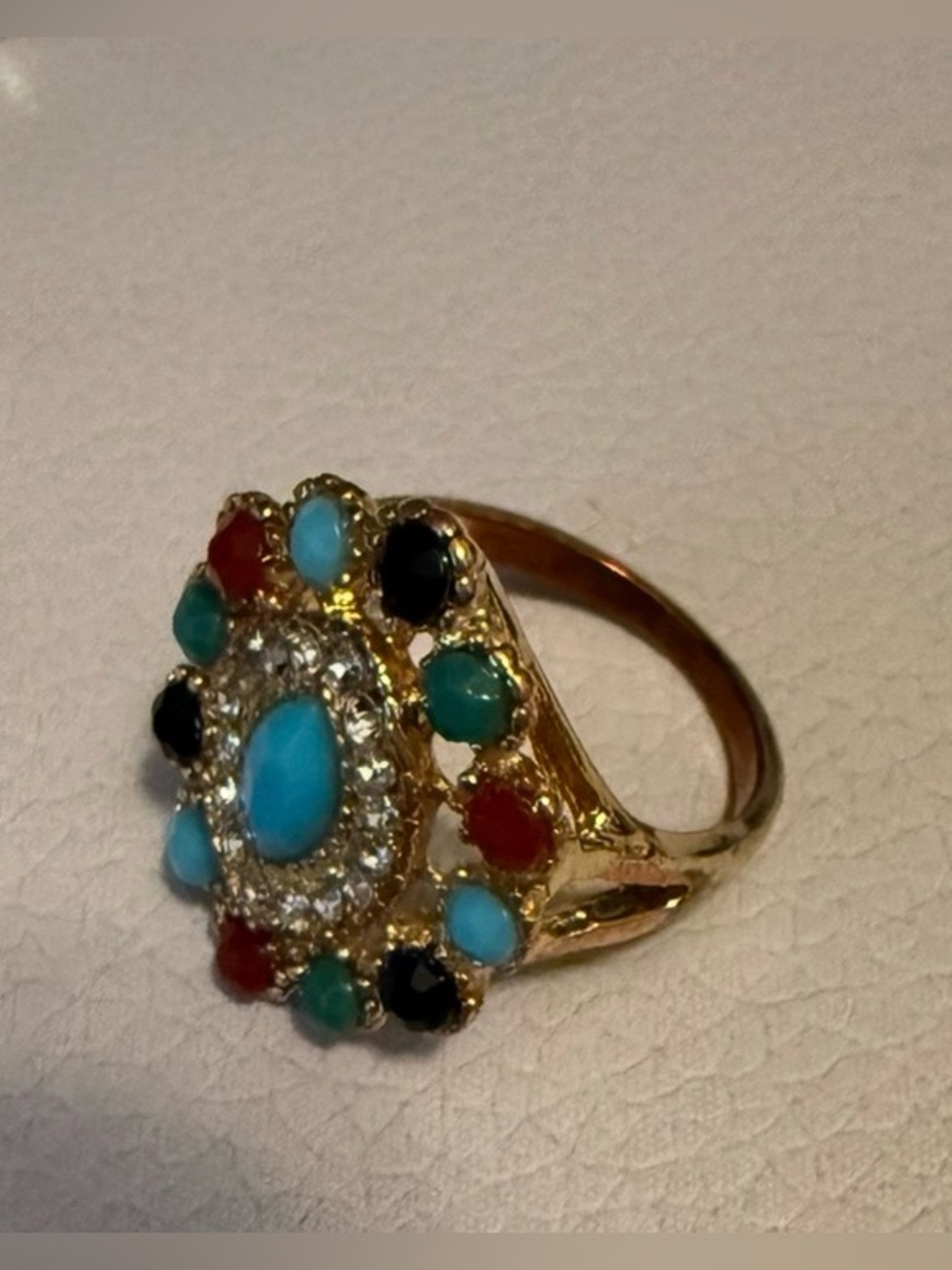 Gold Multicolor Stone Cluster Ring - Turquoise, Red, Black Accents